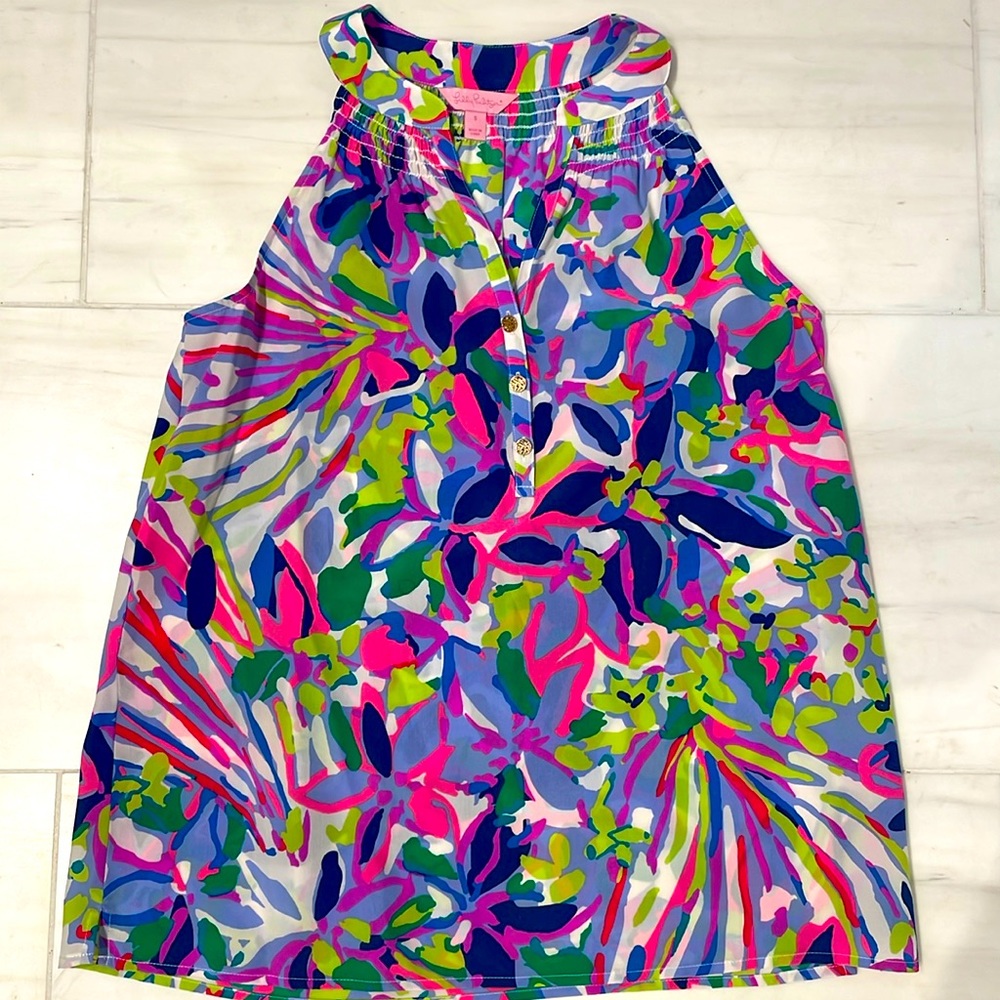 Lilly Pulitzer 100%Silk Women’s Sleeveless Blouse Gold Buttons V neck collar S